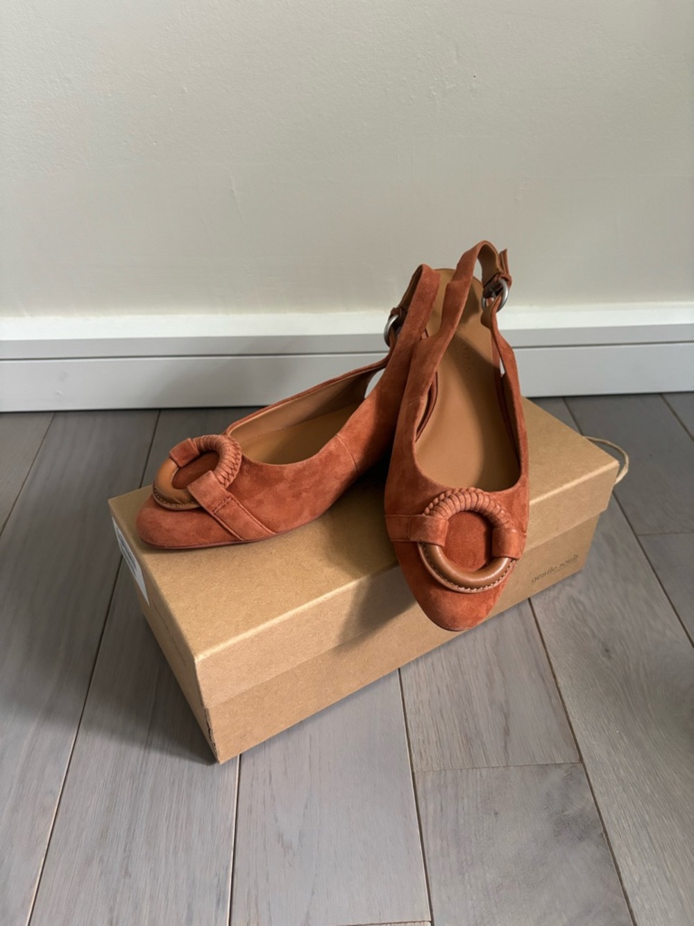 Gentle Souls Rust Suede Slingback Mules with Braided Ring